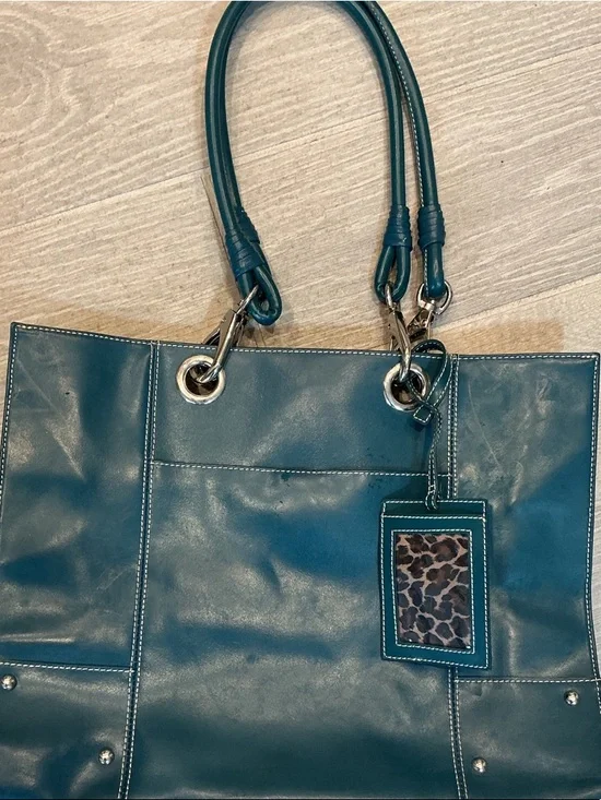 Wilsons Leather Blue/Green Satchel Tote with Double Rolled Handles - Picture 2 of 7